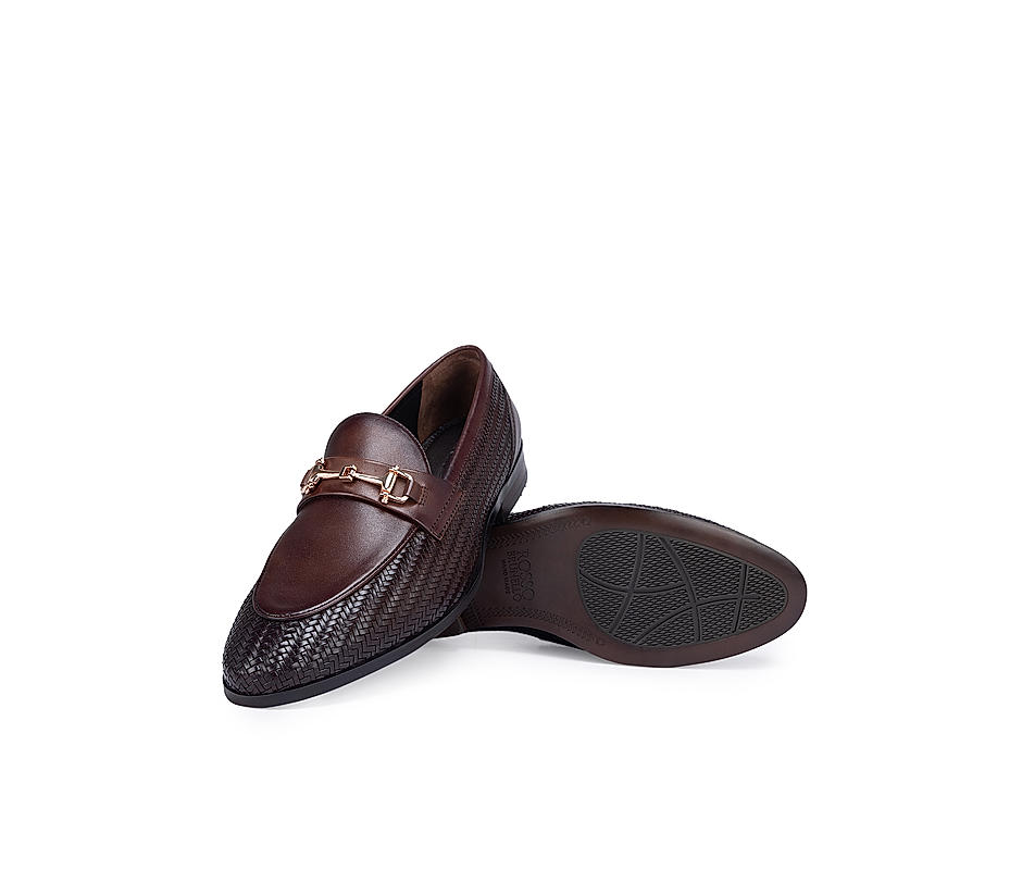Coffee Textured Loafers With Buckle
